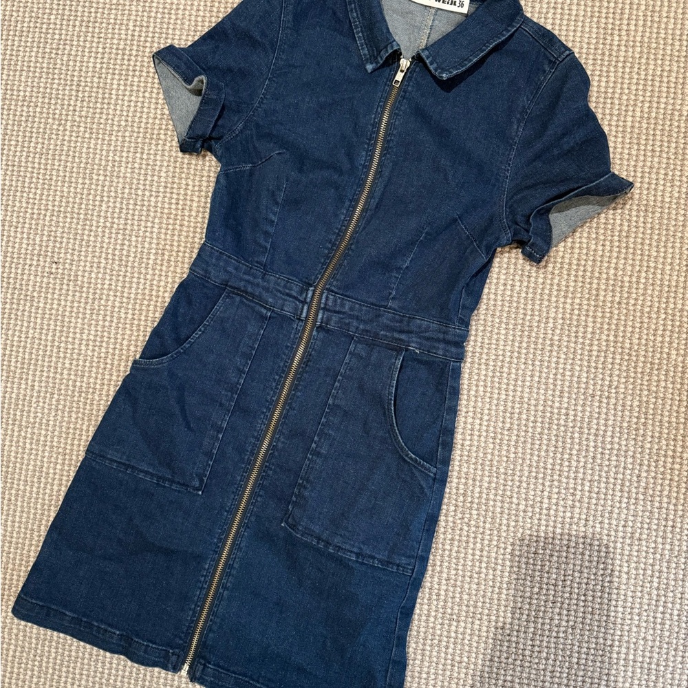 Dark Blue Denim Zip-Front Mini Dress